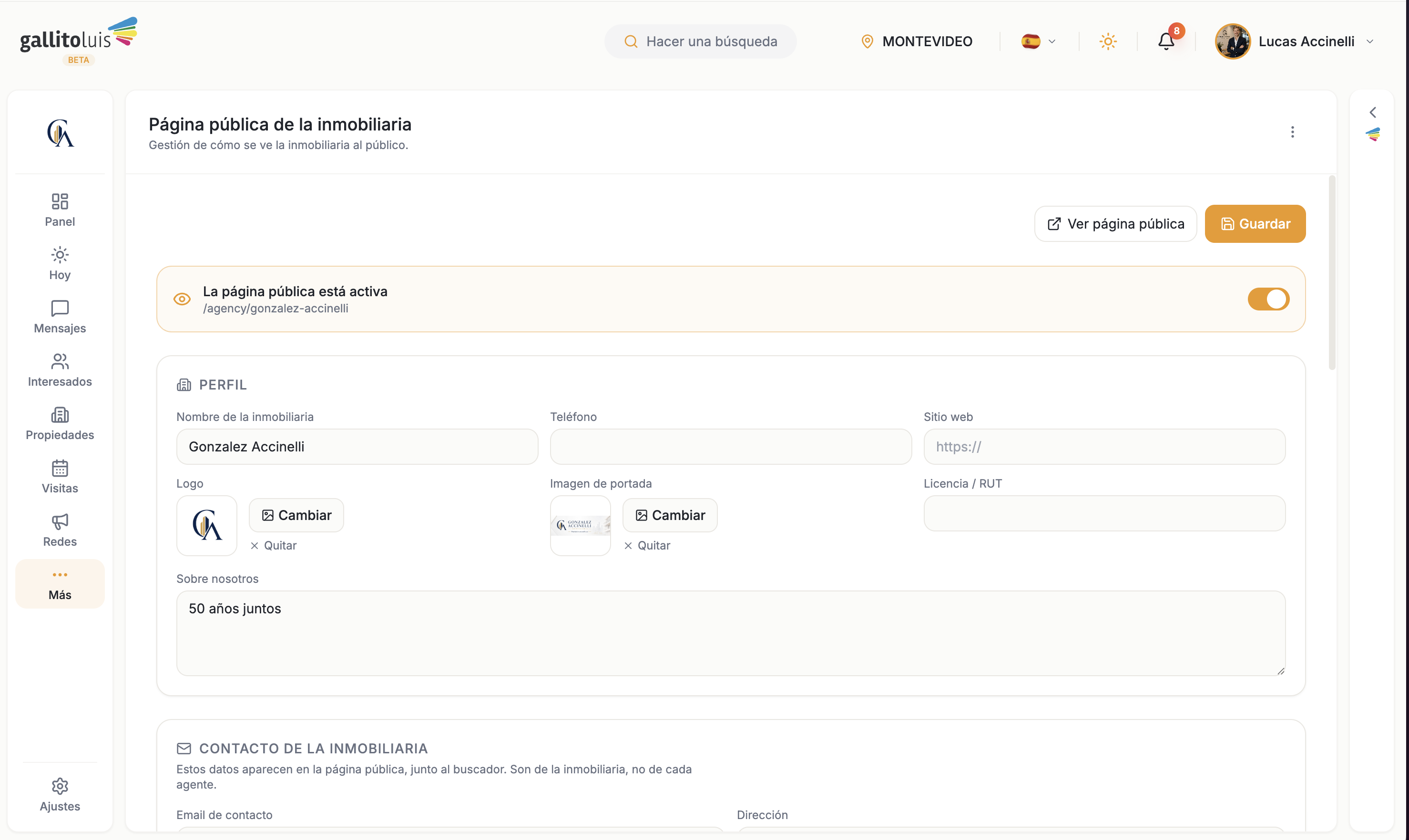 Editor de la página pública de la inmobiliaria dentro del CRM