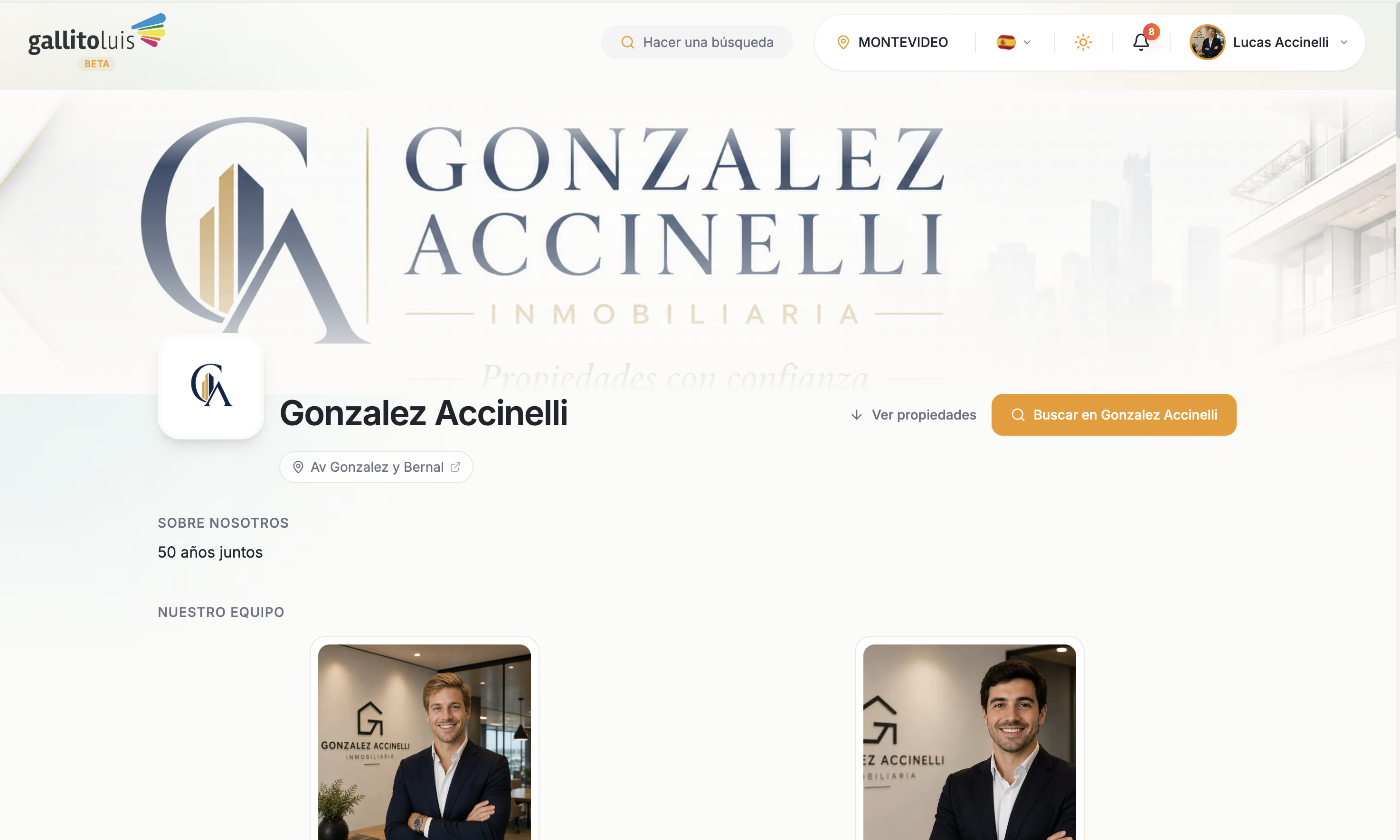 Página pública de la inmobiliaria con su perfil y cartera