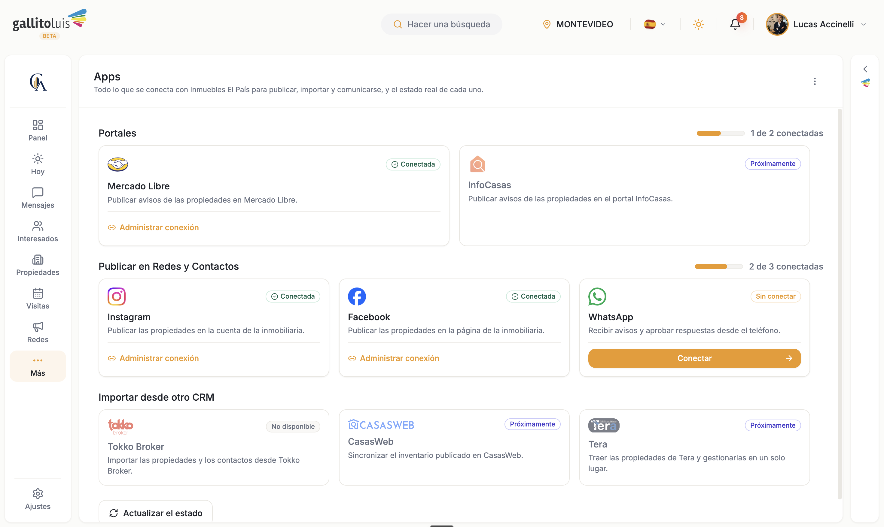 Panel de apps e integraciones disponibles en el CRM