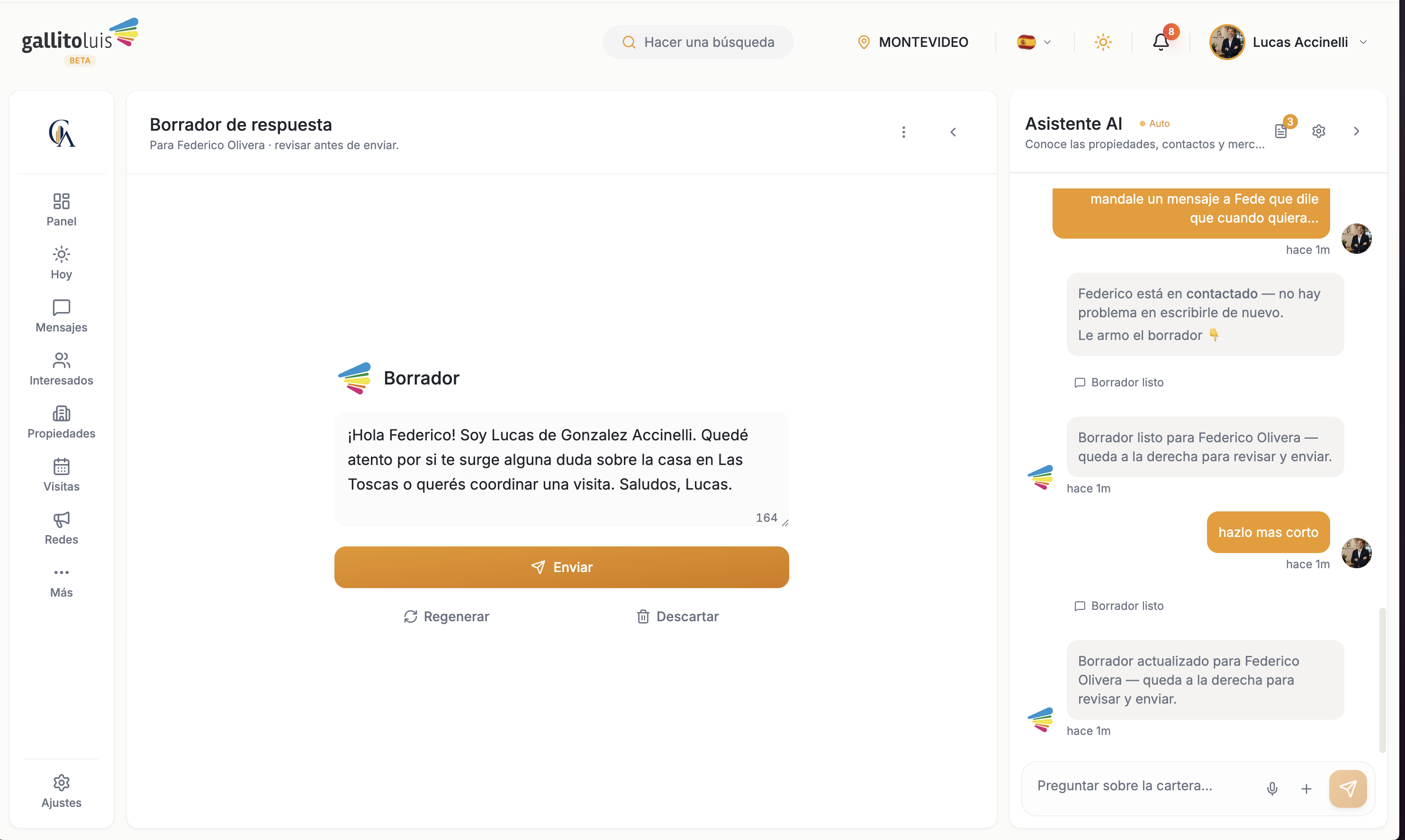 Conversación del asistente con un borrador listo para revisar