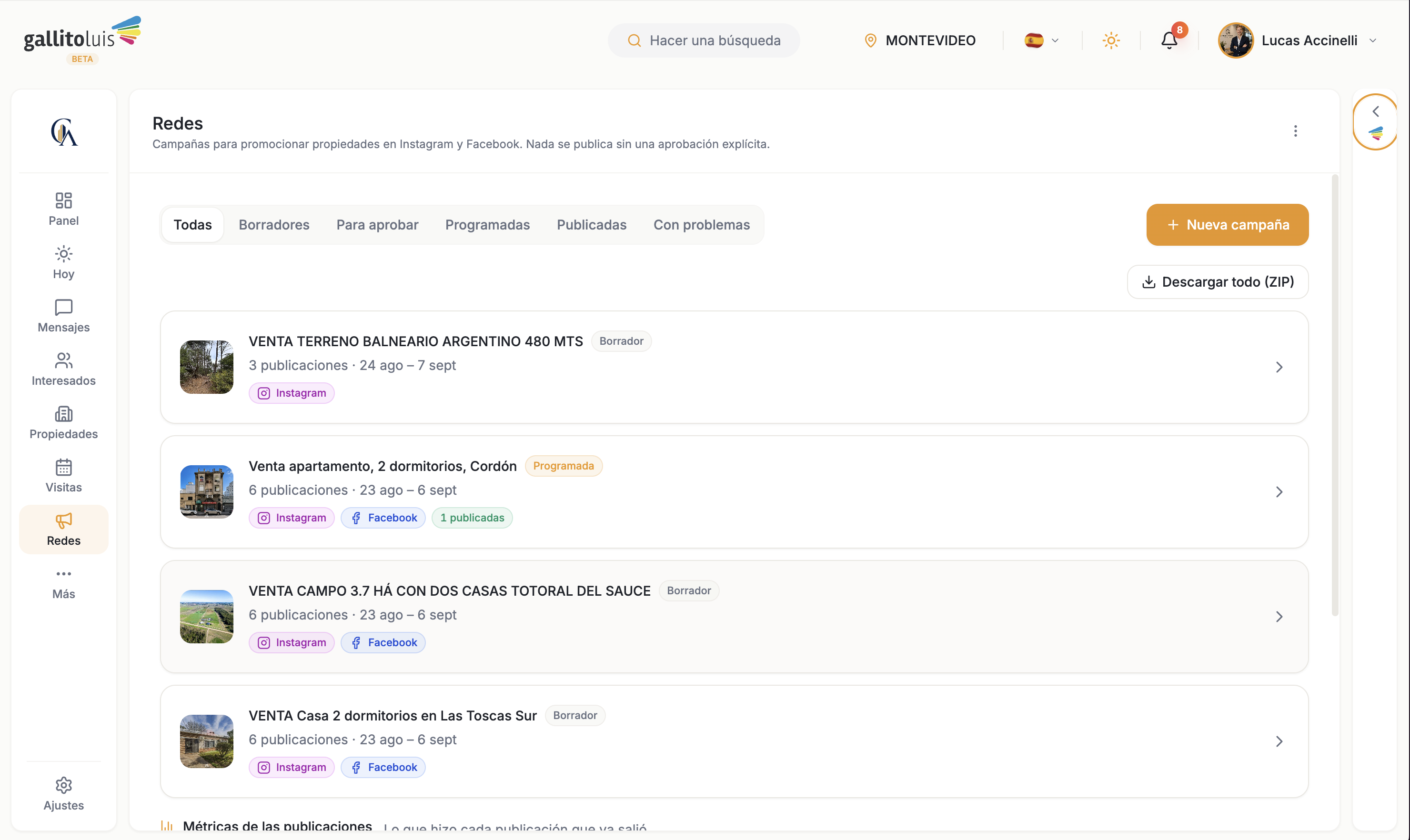 Lista de campañas y publicaciones listas para revisar