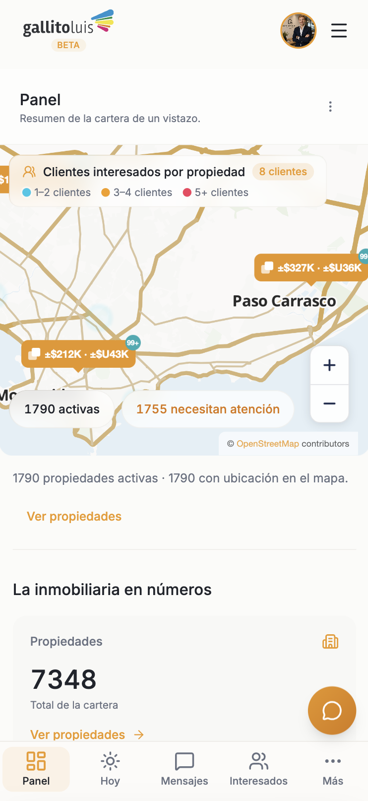 Vista móvil del panel con el mapa y las métricas de la cartera