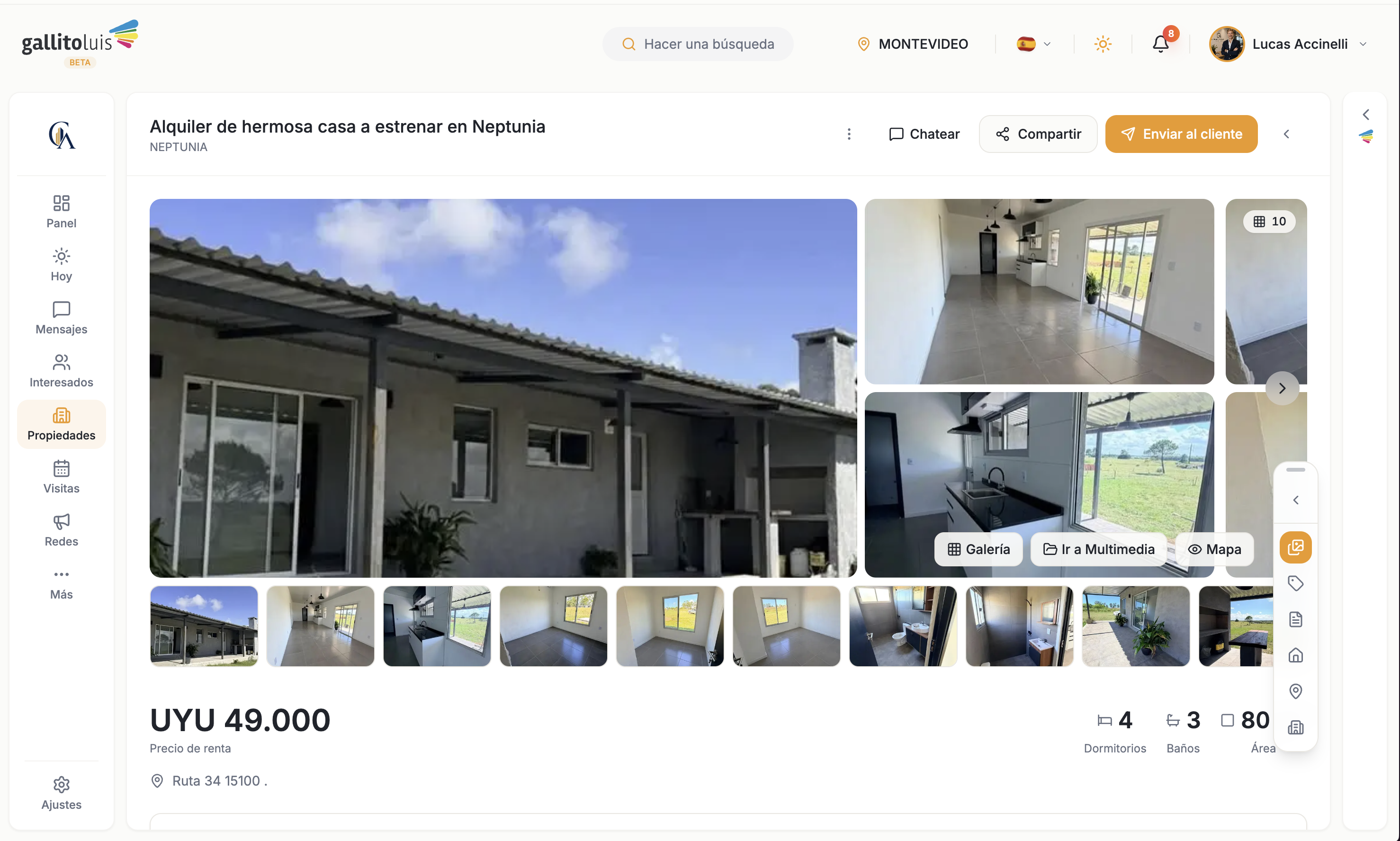 Ficha de propiedad con fotos, datos, contactos e historial